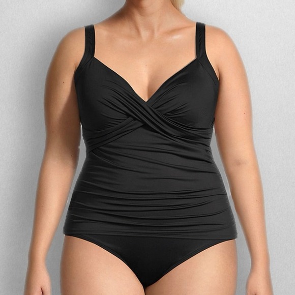 Lands' End DDD-Cup Black Tummy Control Wrap Tankini Swim Top Women’s Size 18 - Picture 1 of 10